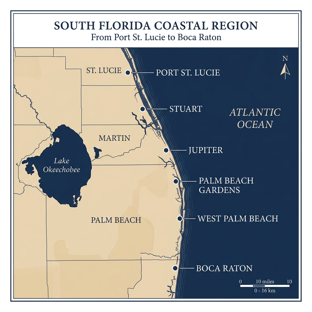 Illustrated map of South Florida showing service cities from Port St. Lucie to Boca Raton